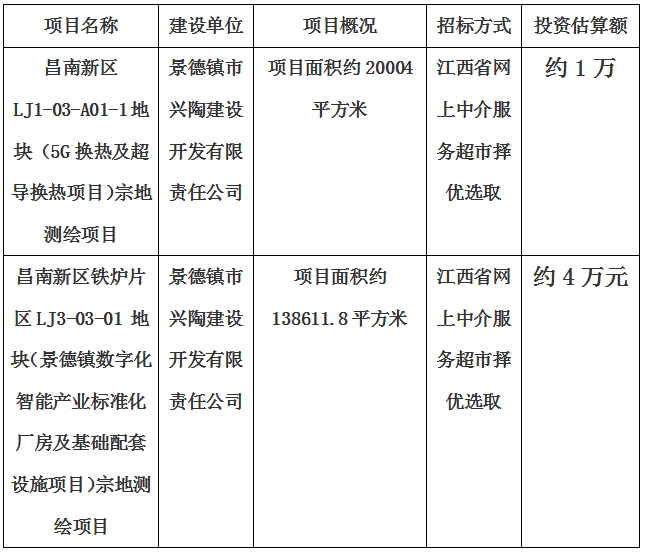 景德鎮(zhèn)市昌南新區(qū)LJ1-03-A01-1地塊（5G換熱及超導換熱項目）宗地測繪項目、昌南新區(qū)鐵爐片區(qū)LJ3-03-01 地塊（景德鎮(zhèn)數(shù)字化智能產業(yè)標準化廠房及基礎配套設施項目）宗地測繪項目計劃公告