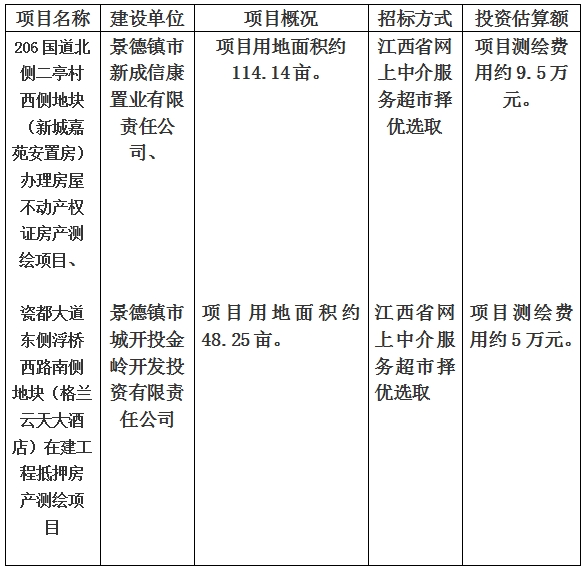 景德鎮(zhèn)市206國(guó)道北側(cè)二亭村西側(cè)地塊（新城嘉苑安置房）辦理房屋不動(dòng)產(chǎn)權(quán)證房產(chǎn)測(cè)繪項(xiàng)目、瓷都大道東側(cè)浮橋西路南側(cè)地塊（格蘭云天大酒店）在建工程抵押房產(chǎn)測(cè)繪項(xiàng)目計(jì)劃公告