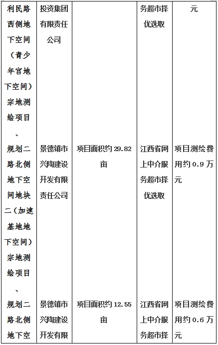 景德鎮(zhèn)市昌南新區(qū)LJ1-03-A01-1地塊、瓷都大道東側(cè)中渡口地下空間（格蘭云天大酒店地下空間）、光明大道北側(cè)利民路西側(cè)地下空間（青少年宮地下空間）、規(guī)劃二路北側(cè)地下空間地塊二（加速基地地下空間）、規(guī)劃二路北側(cè)地下空間地塊一（加速基地地下空間）、景德大道南側(cè)天寶橋西側(cè)地塊、景興大道東側(cè)如意路北側(cè)地下空間(社會公共服務(wù)