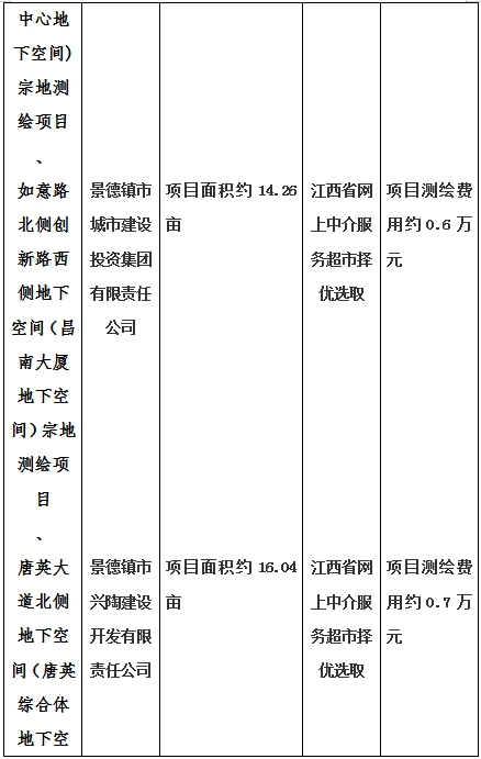 景德鎮(zhèn)市昌南新區(qū)LJ1-03-A01-1地塊、瓷都大道東側(cè)中渡口地下空間（格蘭云天大酒店地下空間）、光明大道北側(cè)利民路西側(cè)地下空間（青少年宮地下空間）、規(guī)劃二路北側(cè)地下空間地塊二（加速基地地下空間）、規(guī)劃二路北側(cè)地下空間地塊一（加速基地地下空間）、景德大道南側(cè)天寶橋西側(cè)地塊、景興大道東側(cè)如意路北側(cè)地下空間(社會公共服務(wù)