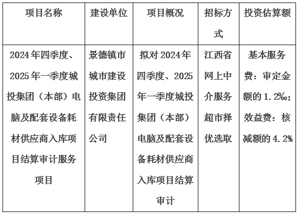 2024年四季度、2025年一季度城投集團(tuán)（本部）電腦及配套設(shè)備耗材供應(yīng)商入庫項(xiàng)目結(jié)算審計(jì)服務(wù)項(xiàng)目計(jì)劃公告